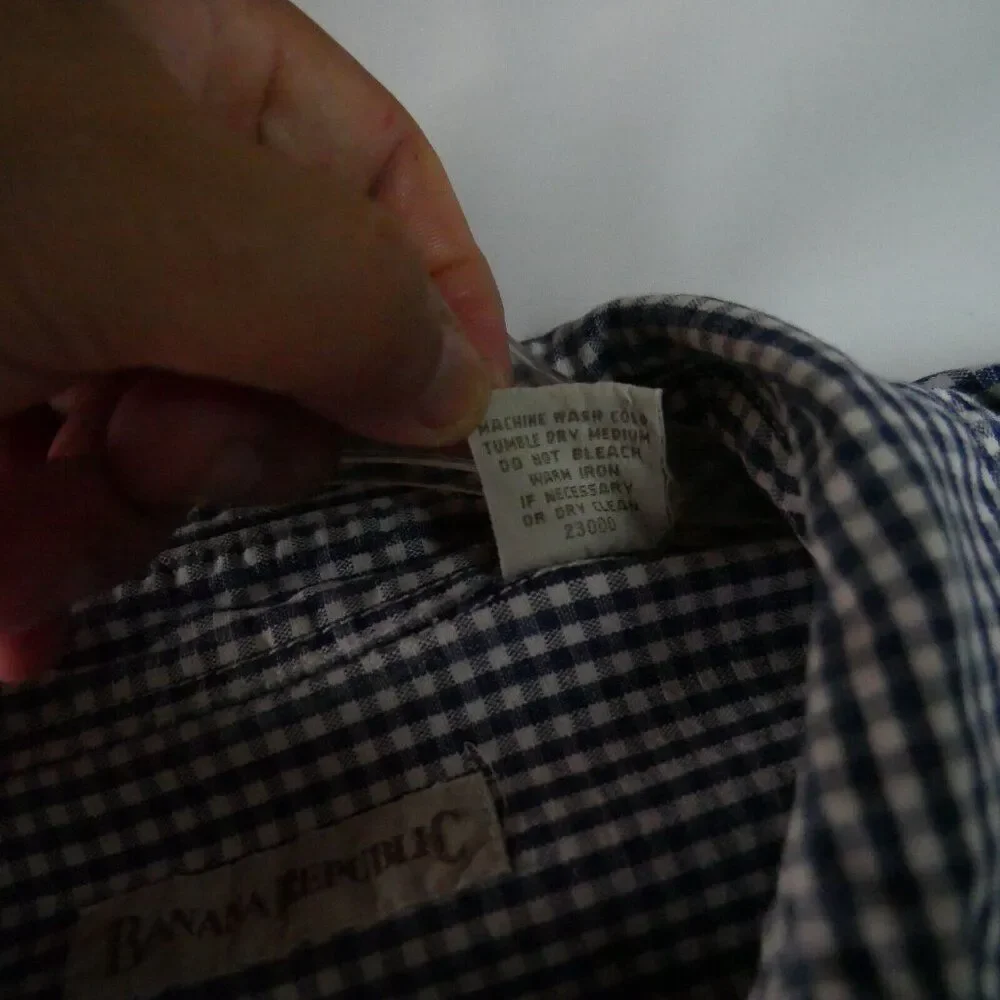 Banana Republic Men's Size L Pearl Snap Plaid Blue Short-Sleeve Button Down